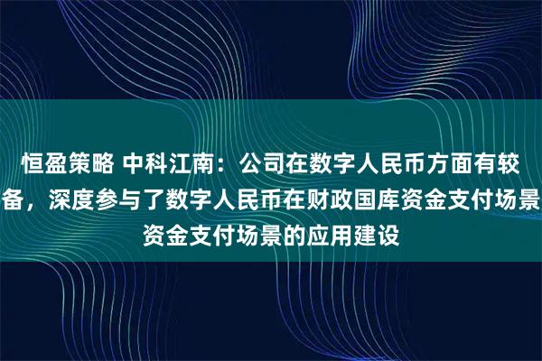 恒盈策略 中科江南：公司在数字人民币方面有较深的技术储备，深度参与了数字人民币在财政国库资金支付场景的应用建设